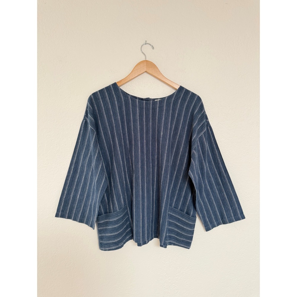 EILEEN FISHER Hemp Organic Cotton Striped Boxy Top Blue White Pockets L